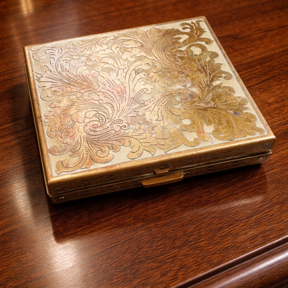 Vintage Volupté Brass & Enamel Makeup Compact – Ornate Scrollwork – Vanity Decor
